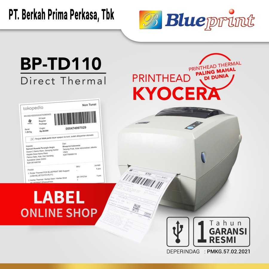 Blueprint Printer Barcode Thermal Printer Label Resi A6 TD110 - USB