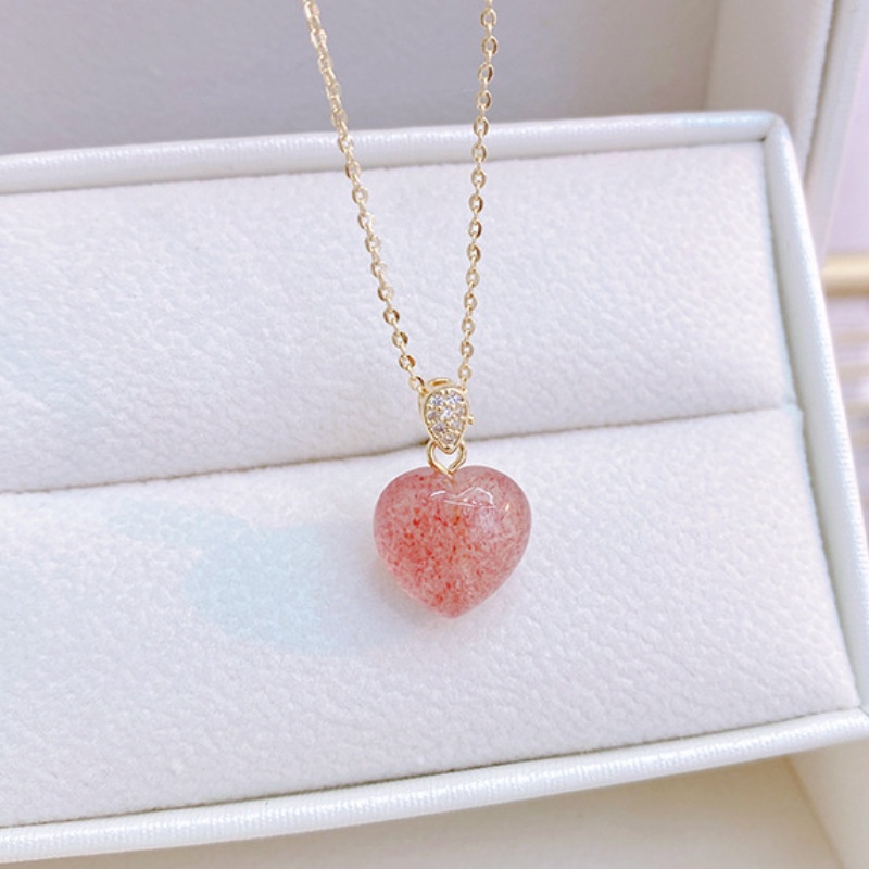 Kalung Liontin Kristal Strawberry Warna Pink Peach Untuk Wanita