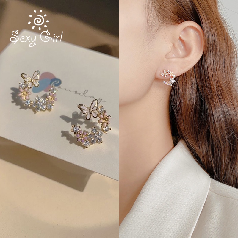 Anting Tusuk Bentuk C Desain Bunga Hias Zircon Gaya Korea / Sexy / Trendy Untuk Wanita