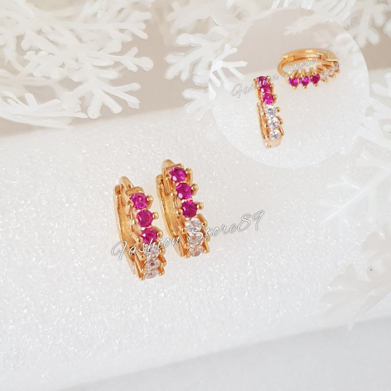 Anting Jepit Permata Kombinasi Pink White Impor Bestquality Perhiasan Lapis Emas Elegant Anting Jepit Permata Pink white Fashion