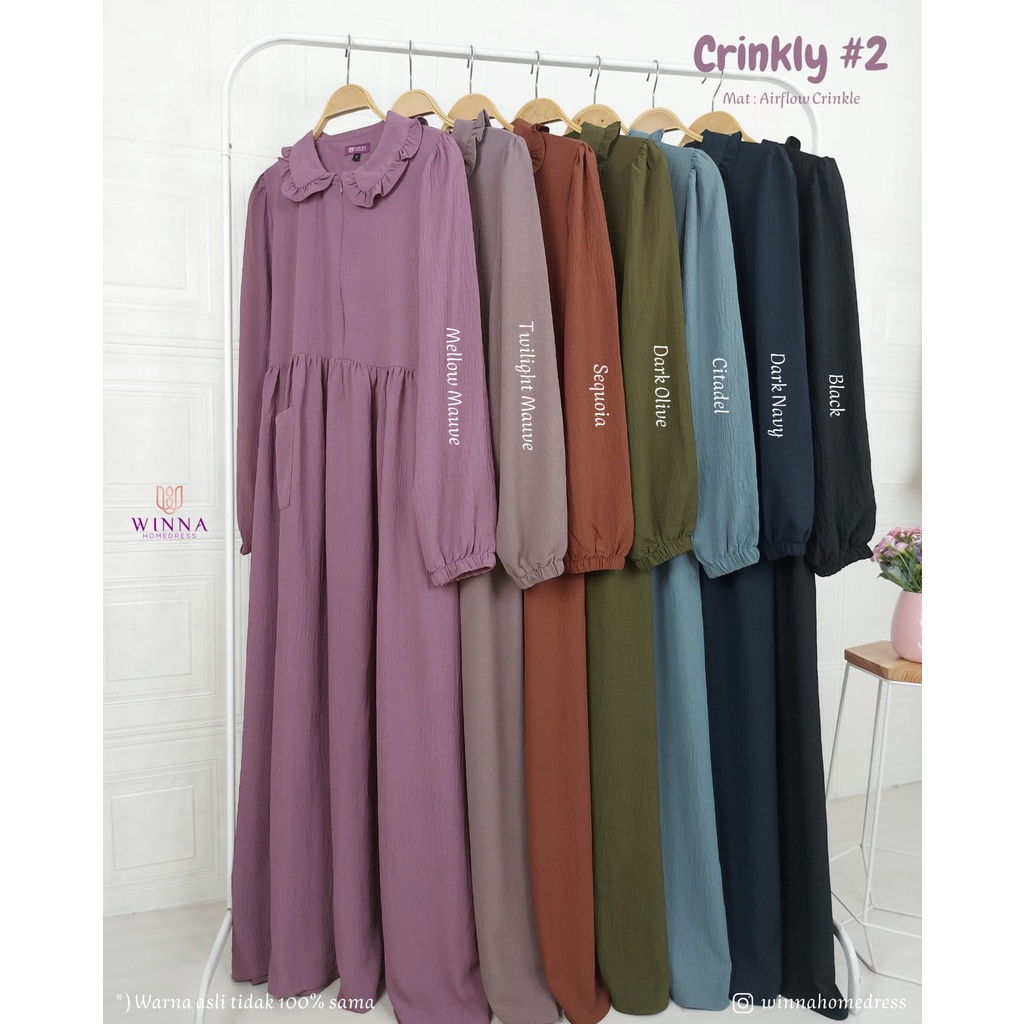 CRINKLY by WINNA HOME DRESS GAMIS IBU dan ANAK klambieakhwat BISA COD | bahan airflow crinkle lembut jatuh adem tidak menerawang ironless tidak harus di setrika baju rumahan harian busui friendly saku kanan tali samping home dress lengan panjang