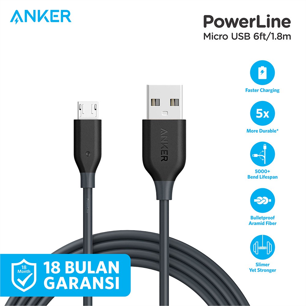 Kabel Charger Anker PowerLine 6ft/1.8m Micro USB - A8133
