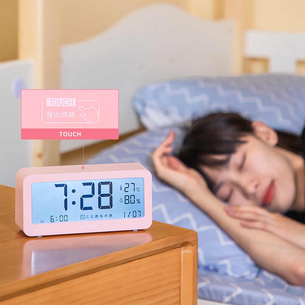 Deli Jam Alarm Digital Pink/Biru, Layar LCD, Tahan Terhadap Panas, Cahaya Belakang Sentuh 8826