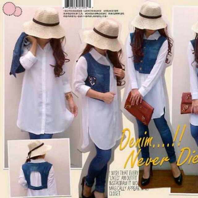 Blouse Putih With Vest Jeans Denim H22585