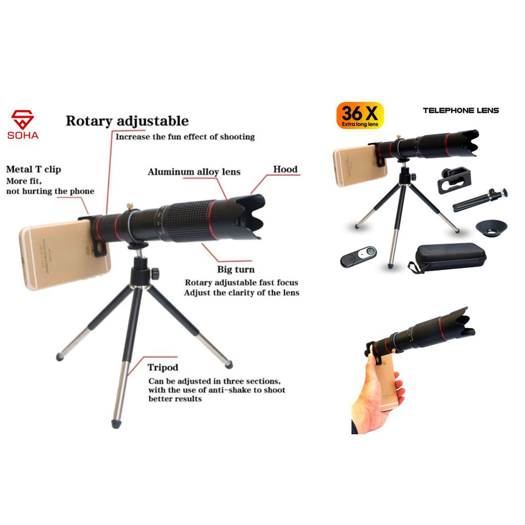 SOHA LNZ-002 Lensa HP 36X Optical Zoom 4K HD Telescope Camera Lens Teropong Monocular Mobile Phone