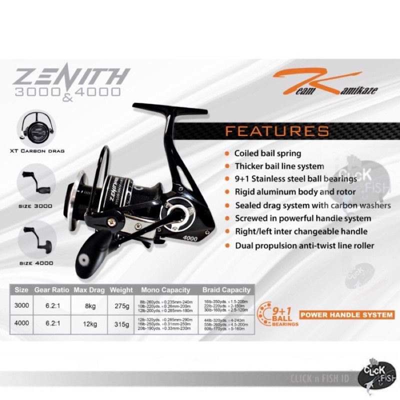 Team Kamikaze ZENITH 3000 / 4000 H 6.2:1 Spinning Reel 9+1 BB - Gulungan Pancing Galatama ikan mas b