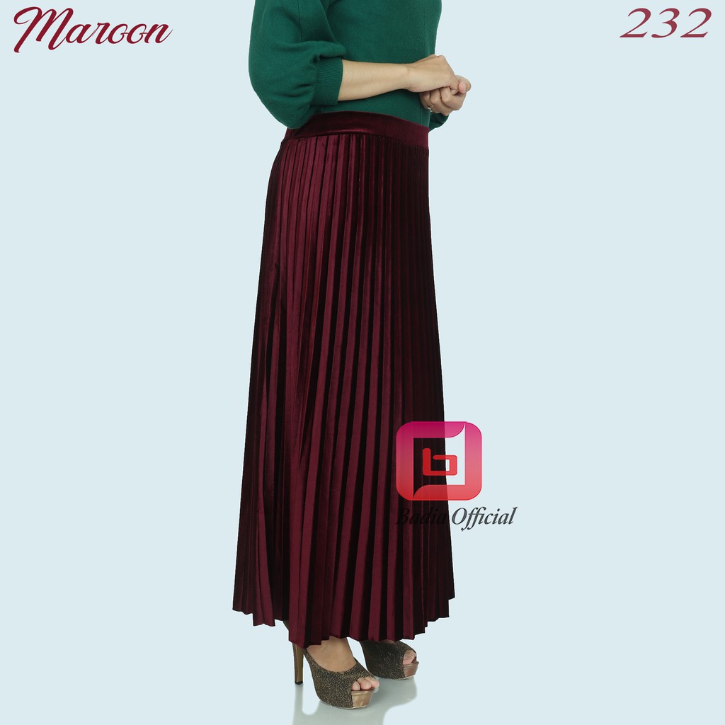 rok beludru velvet flare plisket bahan tebal mengkilap kinclong lembut wanita import premium