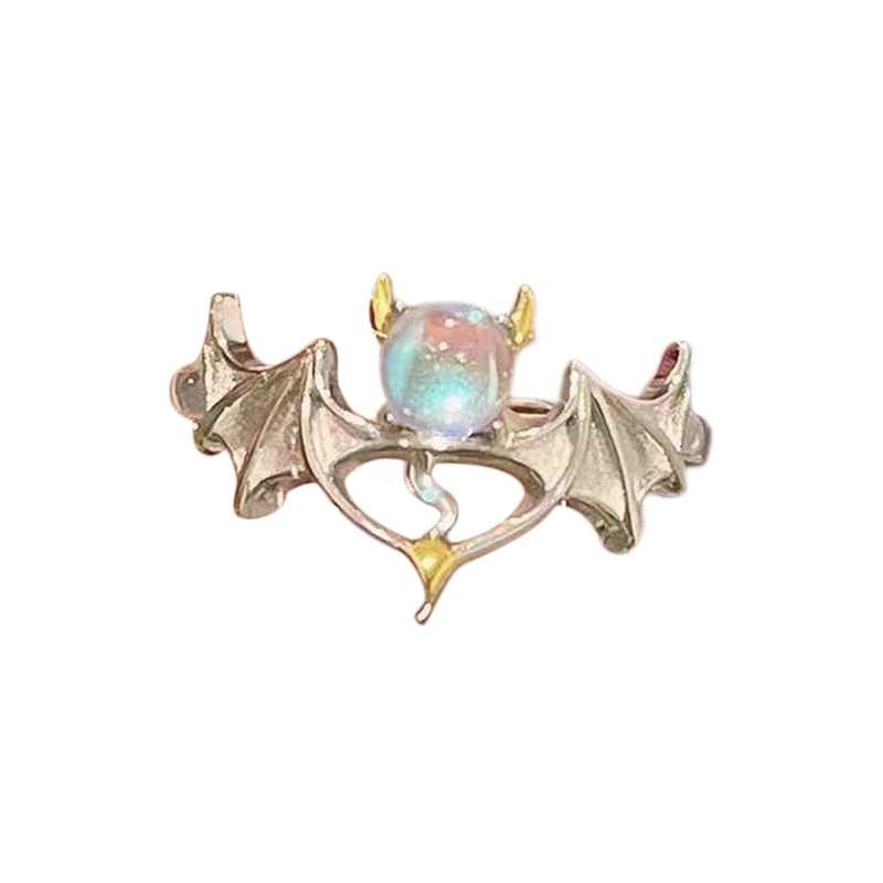 Cincin Model Terbuka Adjustable Desain Angel Devil Moonstone Warna Silver Untuk Pria Dan Wanita