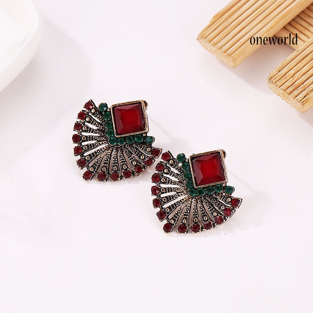 OW@ Women Vintage Ethnic Style Rhinestone Earrings Fan-Shaped Bohemian Ear Stud Gift