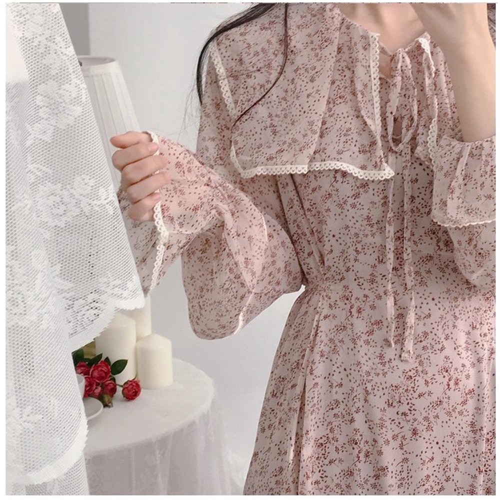 Squere Neck Floral Korean Dress Vintage