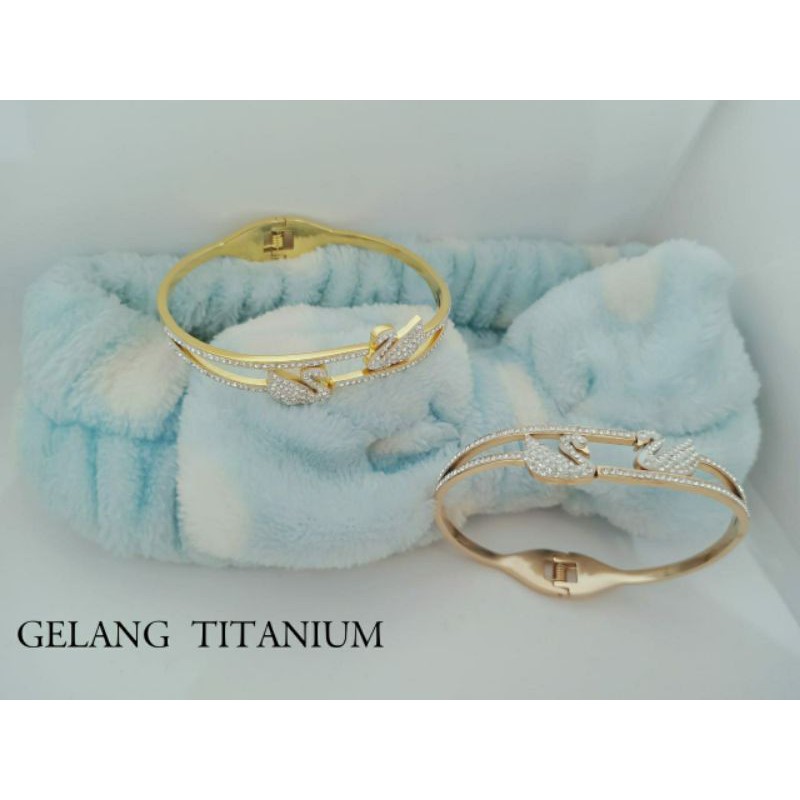 Fourfashion Gelang Titanium Bangle Dewasa Motif Double Angsa Permata Kekinian S144