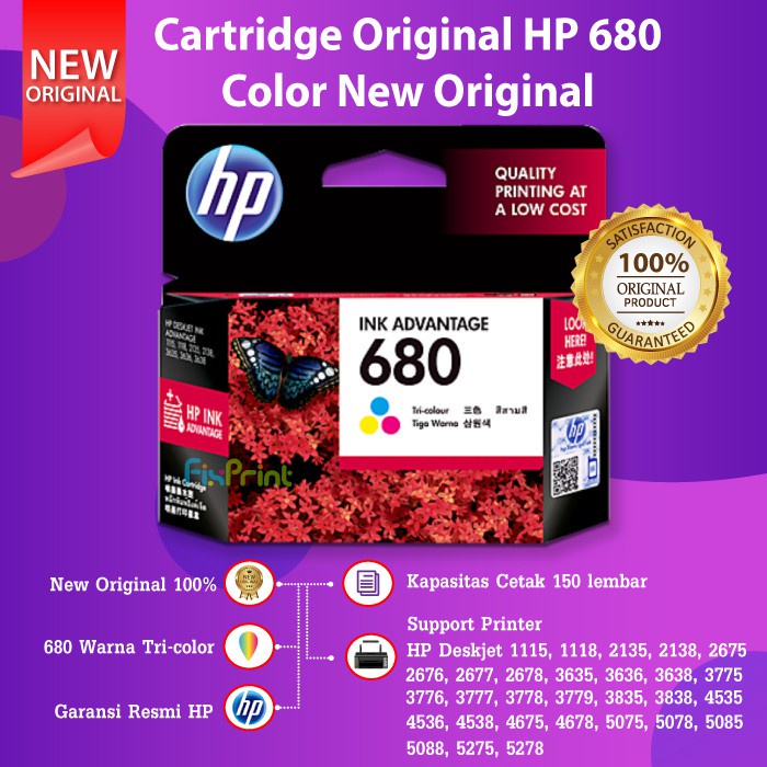 Tinta HP 680 Black Original Ink Advantage Cartridge Color Ori   Printer 2676 2677 2678 3635 3636