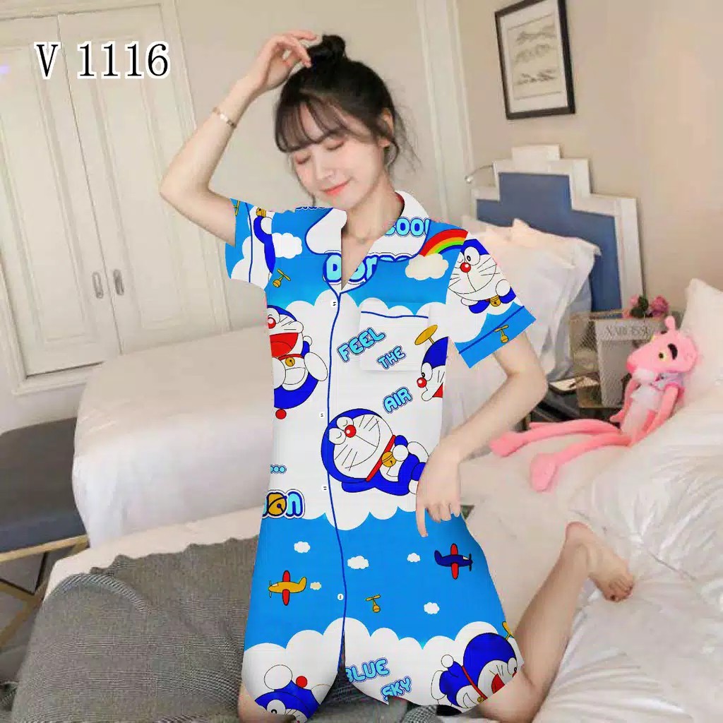 Piyama Daster model Doraemon wanita dewasa ternyaman dan terbaik dengan bahan katun polymicro haluss