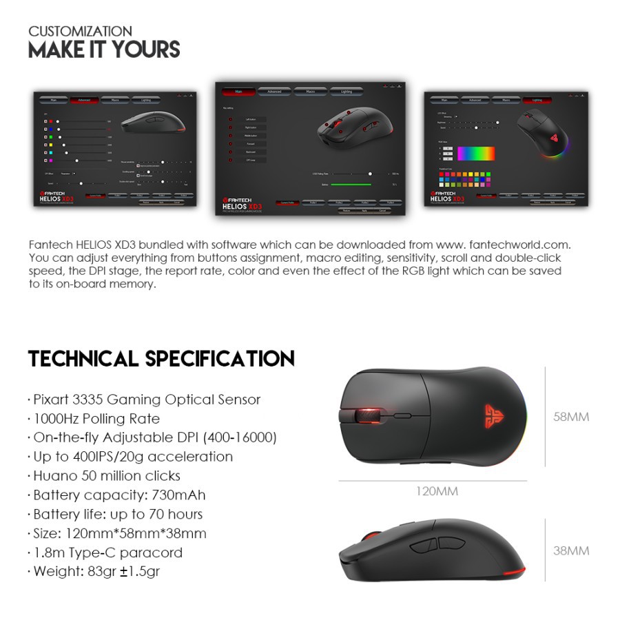 Fantech HELIOS XD3 Wireless Mouse Gaming RGB Dual Mode