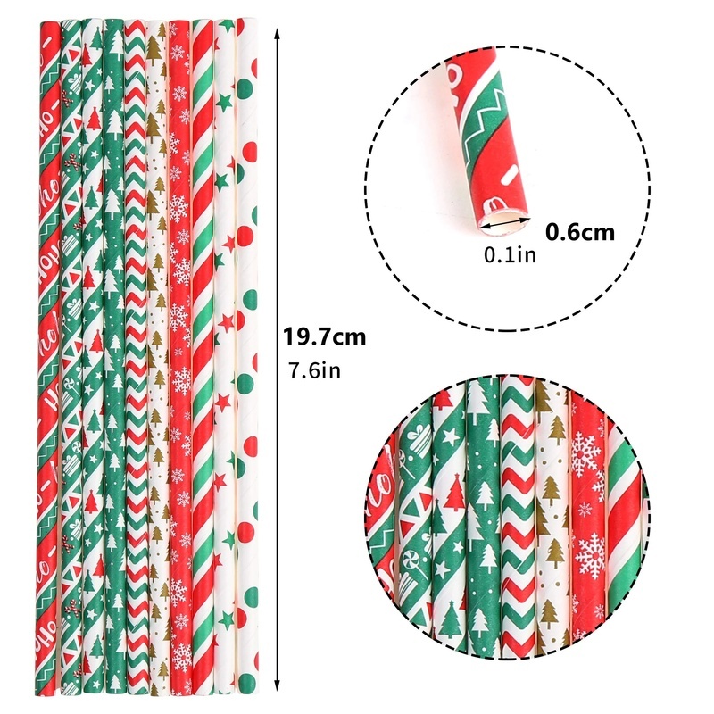 25pcs Sedotan Kertas Biodegradable Sekali Pakai Desain Pohon Natal Snowflake Untuk Dekorasi Meja