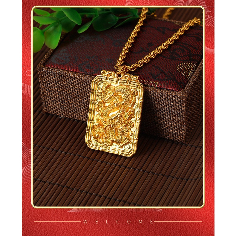 Kalung Liontin Naga Api Bentuk Persegi Lapis Emas Asli Kadar 375 Gaya Minimalis Untuk Pria