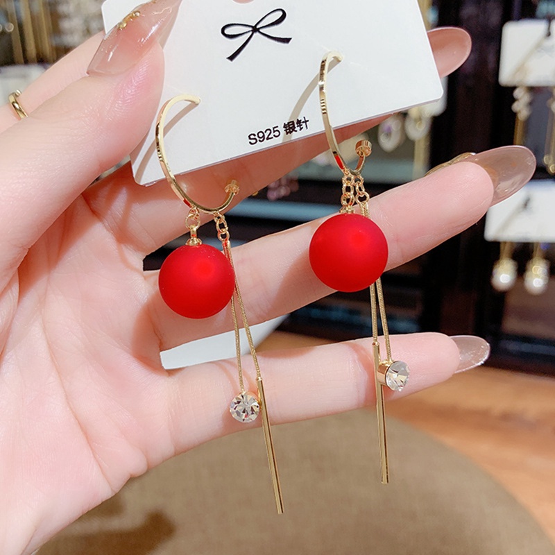 Fancyqube Anting Stud Kristal Mutiara Berlian Imitasi Model Pita Bunga Cherry Merah Untuk Wanita