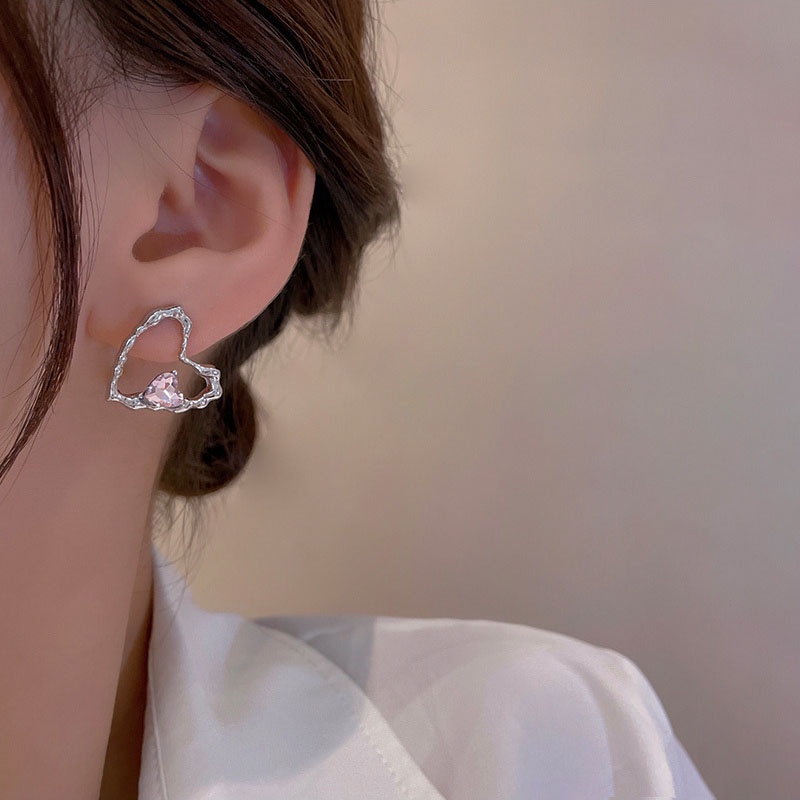 Anting Tusuk Sterling silver 925 Desain Hati Hias Kristal Zircon Mewah Berkilau Untuk Wanita