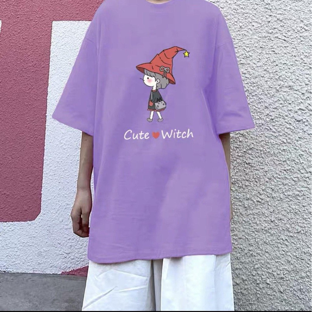 Oversize Tee Tshirt Model Longgar Utk Wanita Motif Cute Witch Lilac