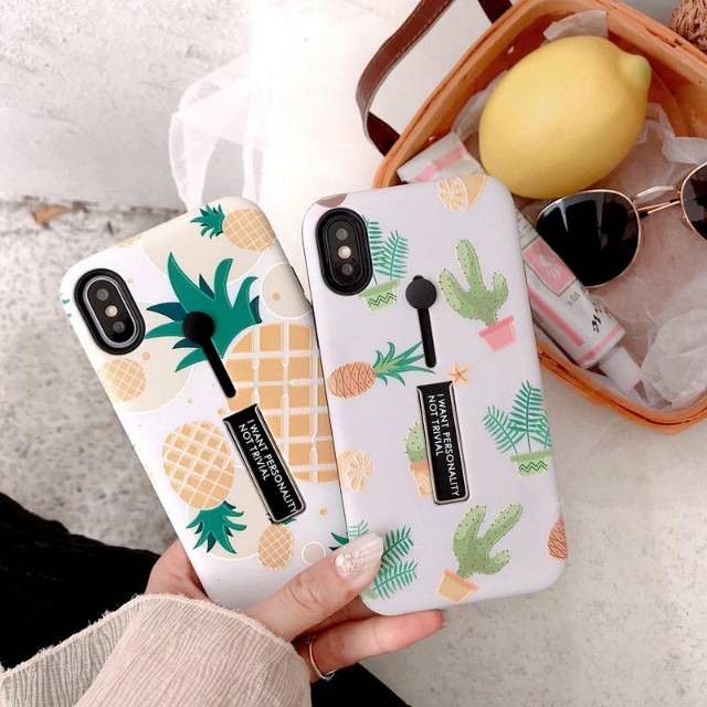 Soft case print motif nanas & kaktus for iphone 7 plus 8 plus / 7+ 8+ with finger ring&stand holder