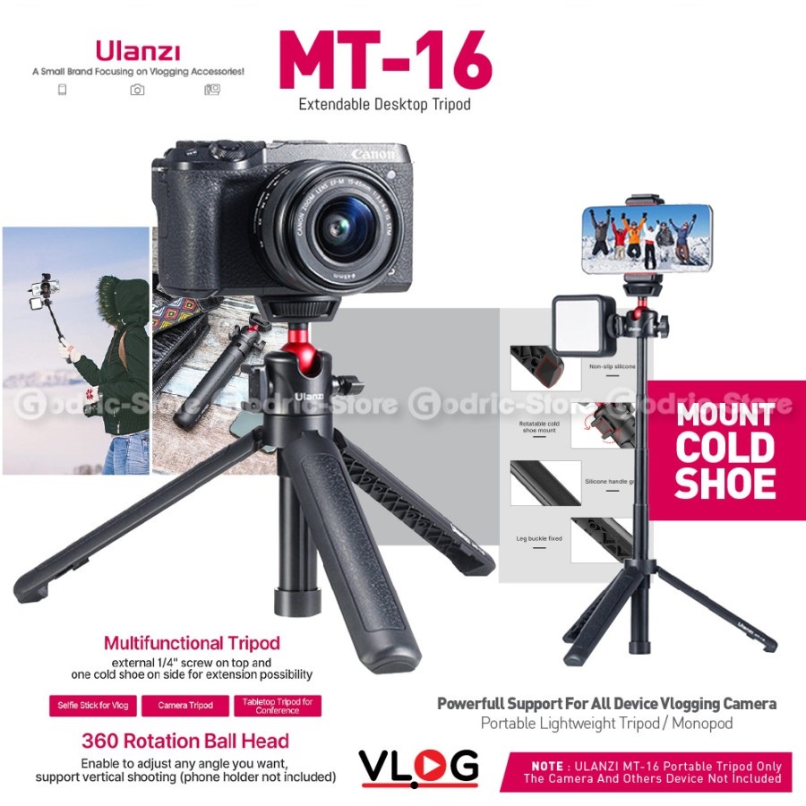 ULANZI MT-16 Mini Tripod Extendable w/ Ball Head &amp; Cold Shoe Upgrade MT-08