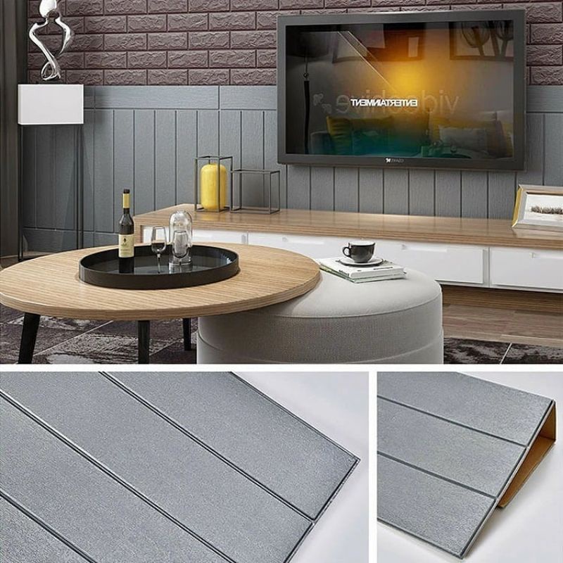 wallpaper sticker foam premium permukaan timbul motif kayu papan abu silver