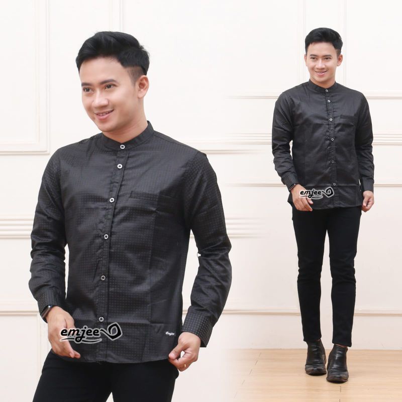 Emjee Collection Koko khusus warna hitam polos corak kotak kotak Koko hitam dewasa lengan panjang Ko
