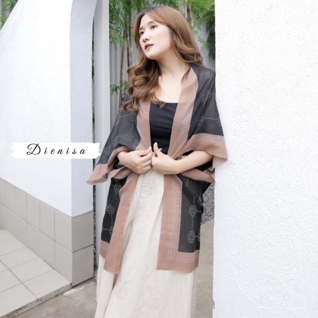 Kiyumi Kimono Long Outer Scraft Lasercut Oversize Motif Batik Kekinian Bahan Voal Premium Cardigan Batwing Etnik OOTD Hijab Terbaru-BLACK
