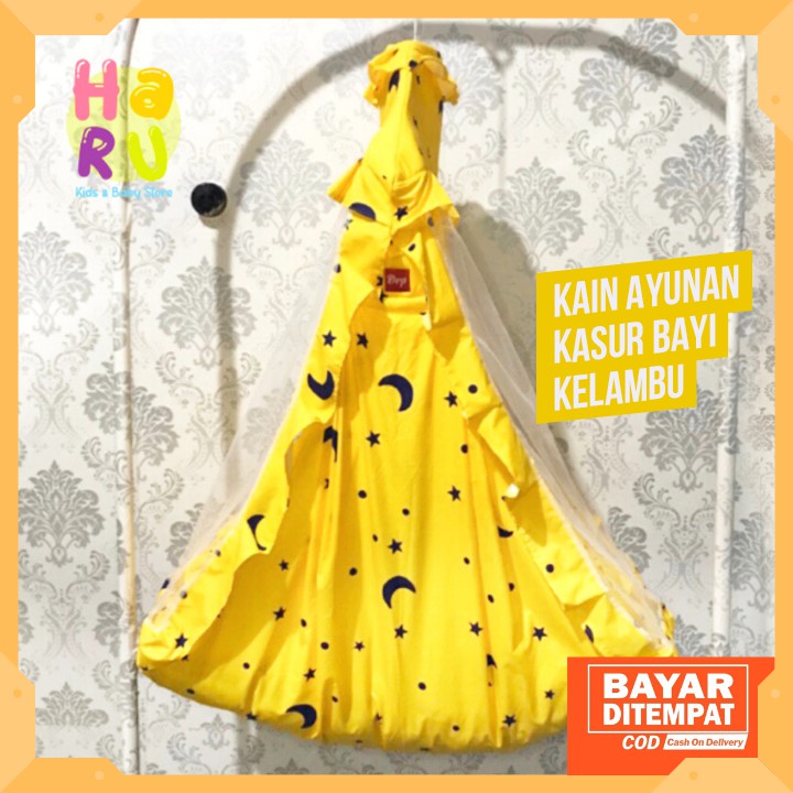 Ayunan bayi kelambu gantung set kasur belum termasuk per motif bulan bintang full kuning