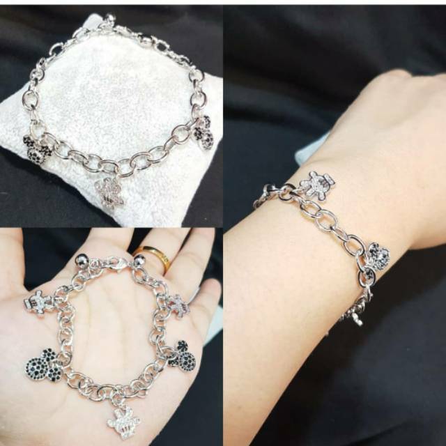 Gelang Premium Quality Lapis emas Mickey Mouse Lonceng Silver Anti Karat Anti Alergi