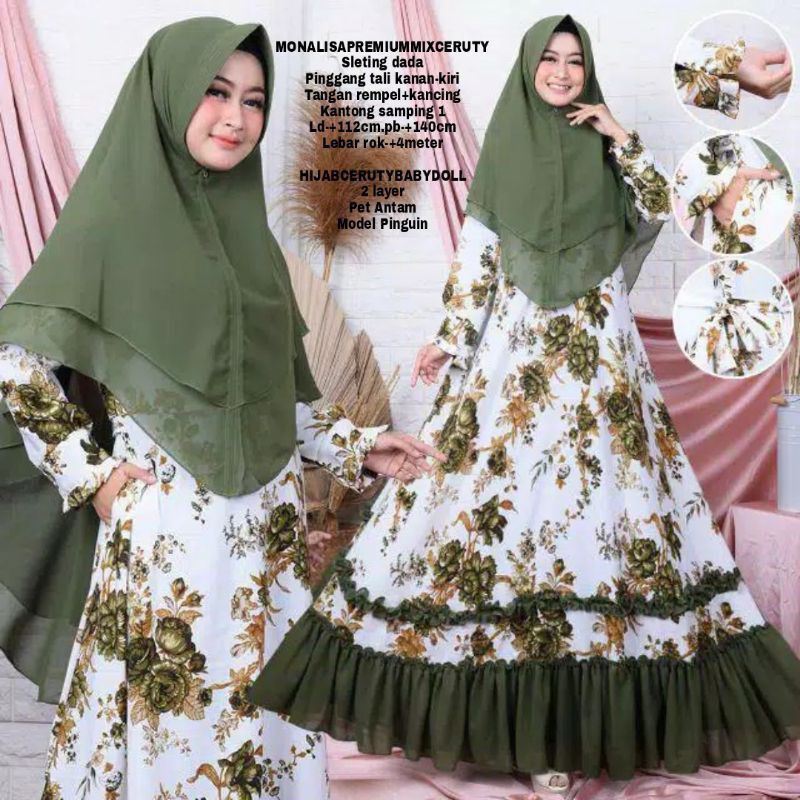 gamis syari monalisa premium mewah ld112 pb140 hight quality plus khimar ceruty syari rempel