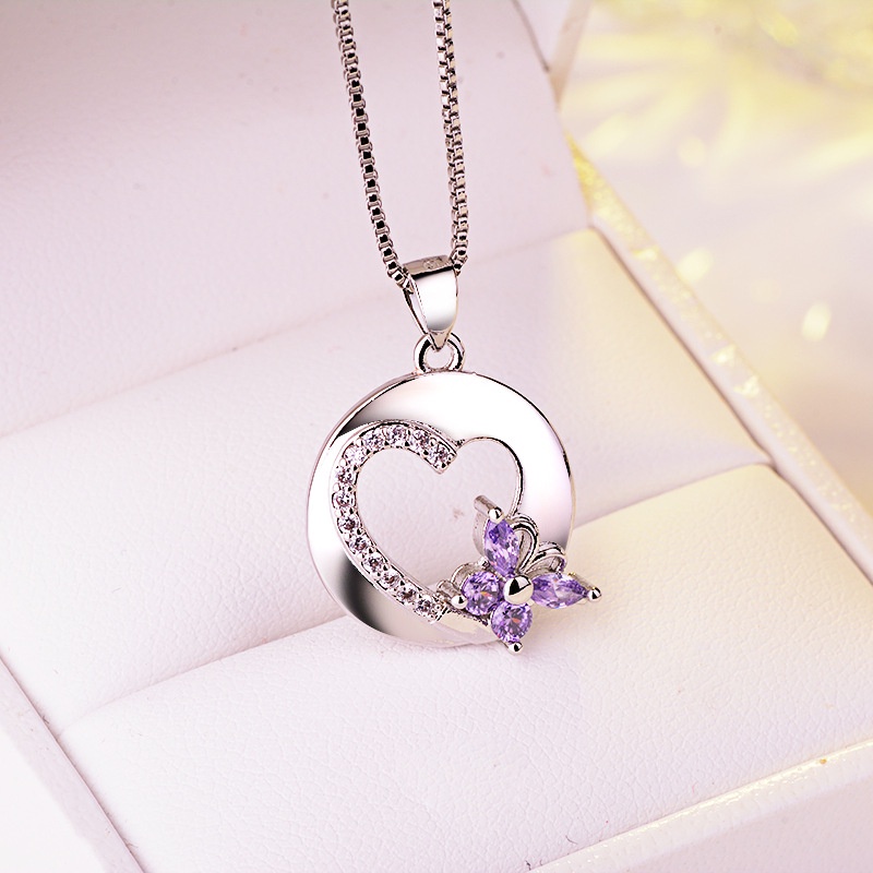 [Ready Stock]Fashion Bowknot Heart Shape with Diamond Pendant Amethyst Necklace