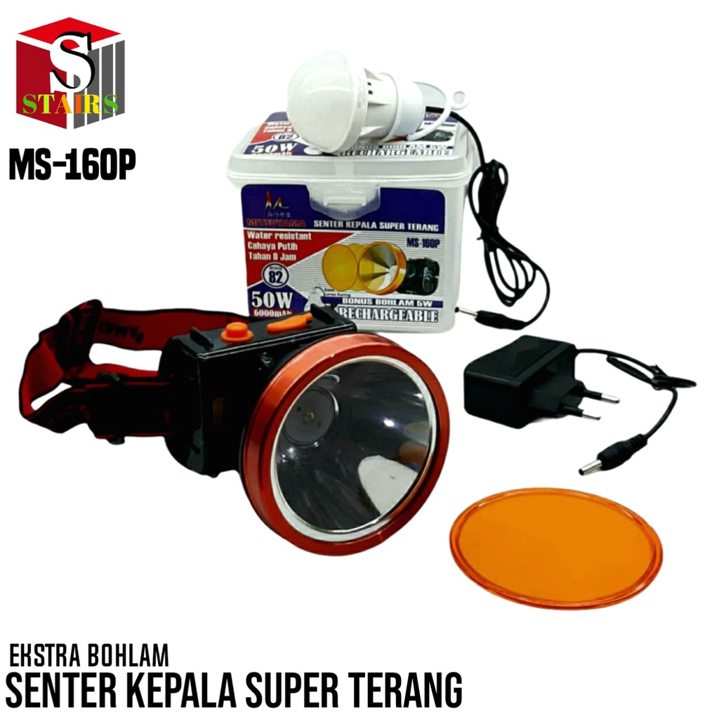 Senter Kepala LED 50 Watt Super Terang Ekstra Bohlam Dapat Di Cas Ulang Tahan Air MS-160P