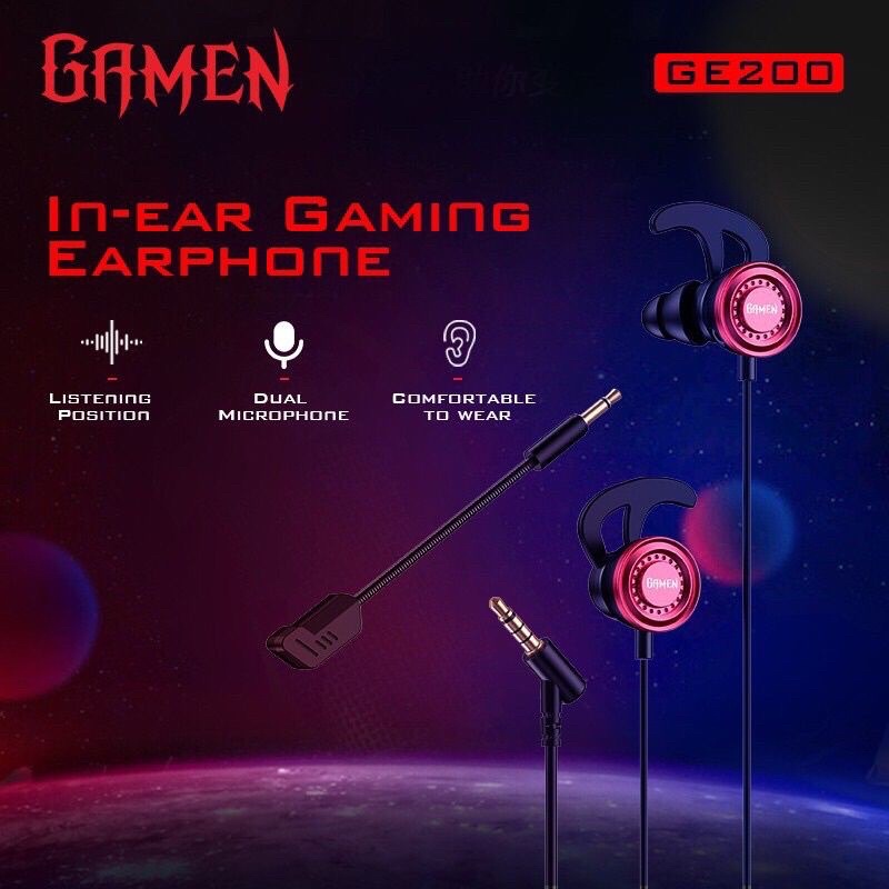 GE-200 ORIGINAL GAMEN EARPHONE GAMING IN EAR HI-RES AUDIO HEADSET GAMERS DUAL MICROPHONE