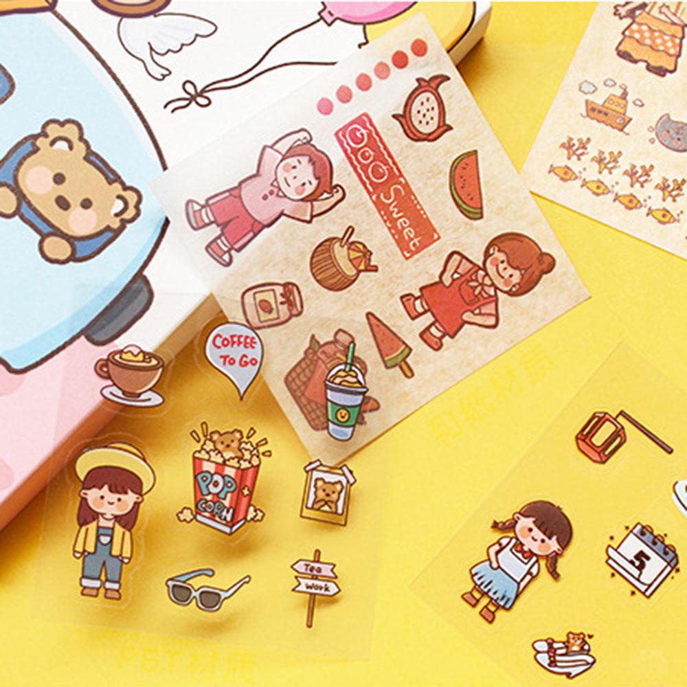 Agustinina Kawaii Stiker Set 200lembar/Box Kotak Hadiah DIY Scrapbooking Tahan Air Minum Makanan Hewan Perempuan Pola PET Perekat Decals