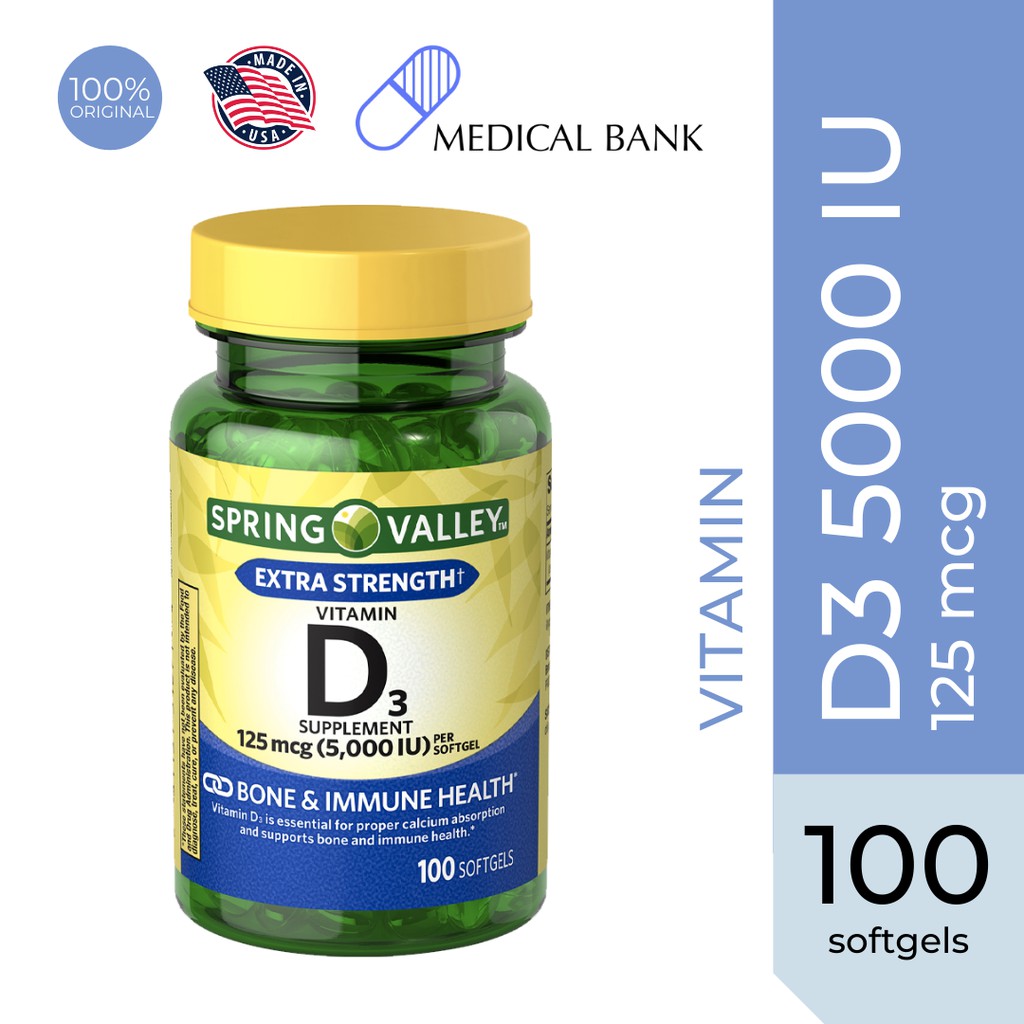 SPRING VALLEY Vitamin D3 1000 IU 5000 IU, BONE & IMMUNE HEALTH, Exp date: 02/2024