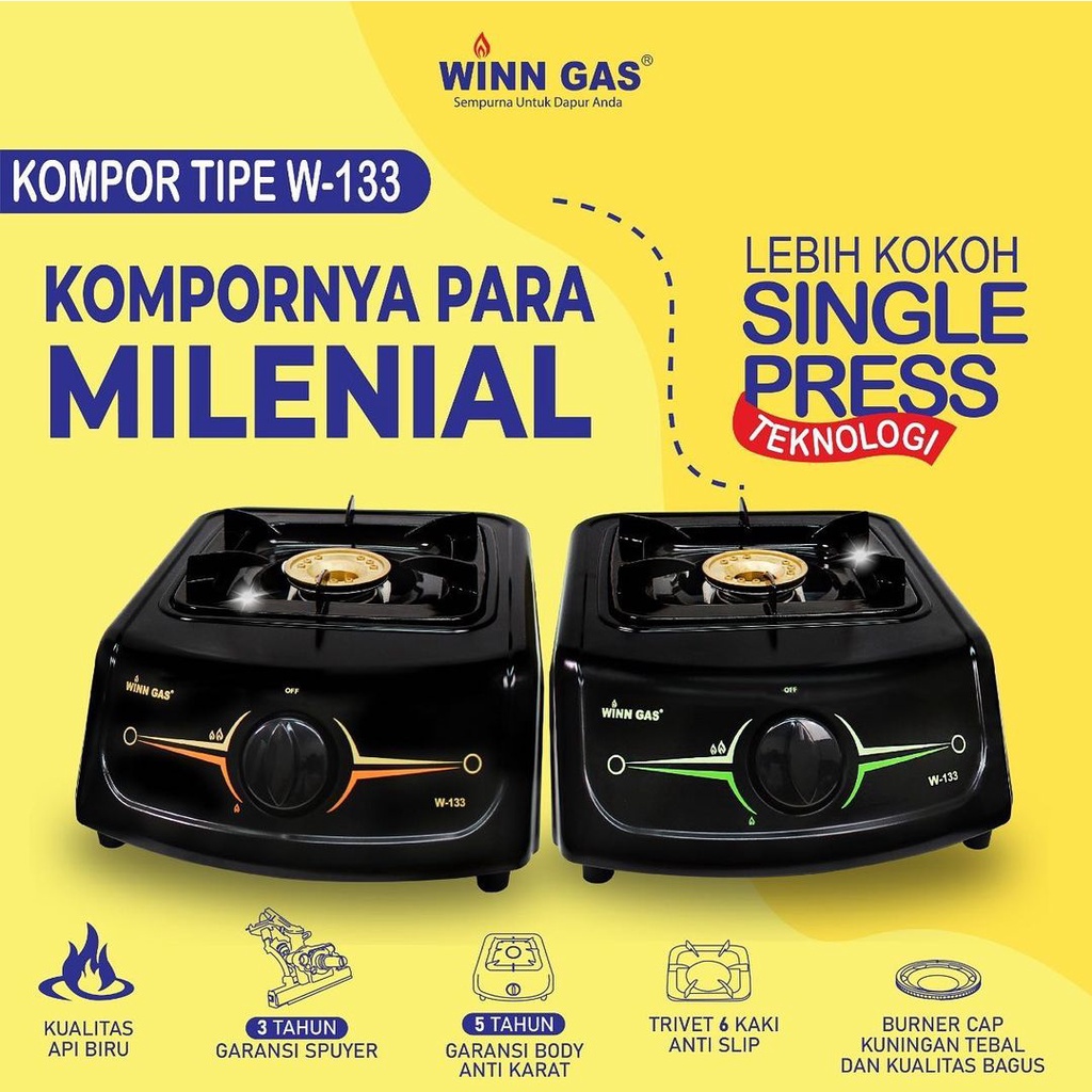 Winn Gas W 133 Kompor 1 Tungku / Kompor 1 Tungku Regular Stove &amp; Paket Kompor Selang Regulator W88/W900