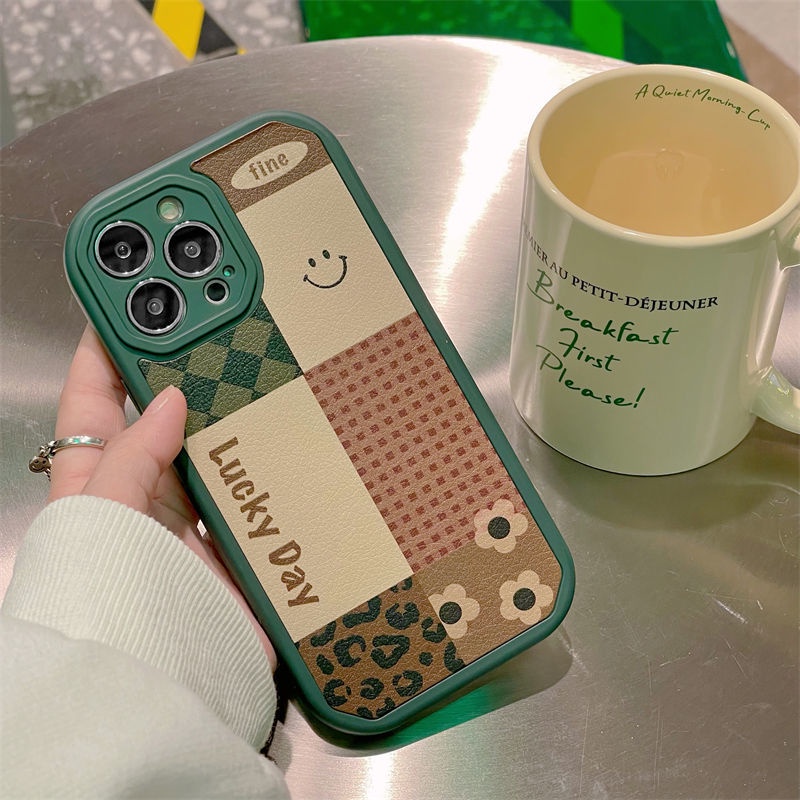 Soft Case Motif Smiley Face Kotak-Kotak Hijau Untuk IPhone 12 13 11 Pro Max X Xs Max Xr 6710