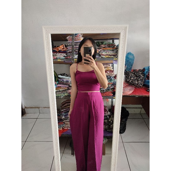 ONE SET KULOT PATTERN // SETELAN TANKTOP FLOWERY-Magenta polos