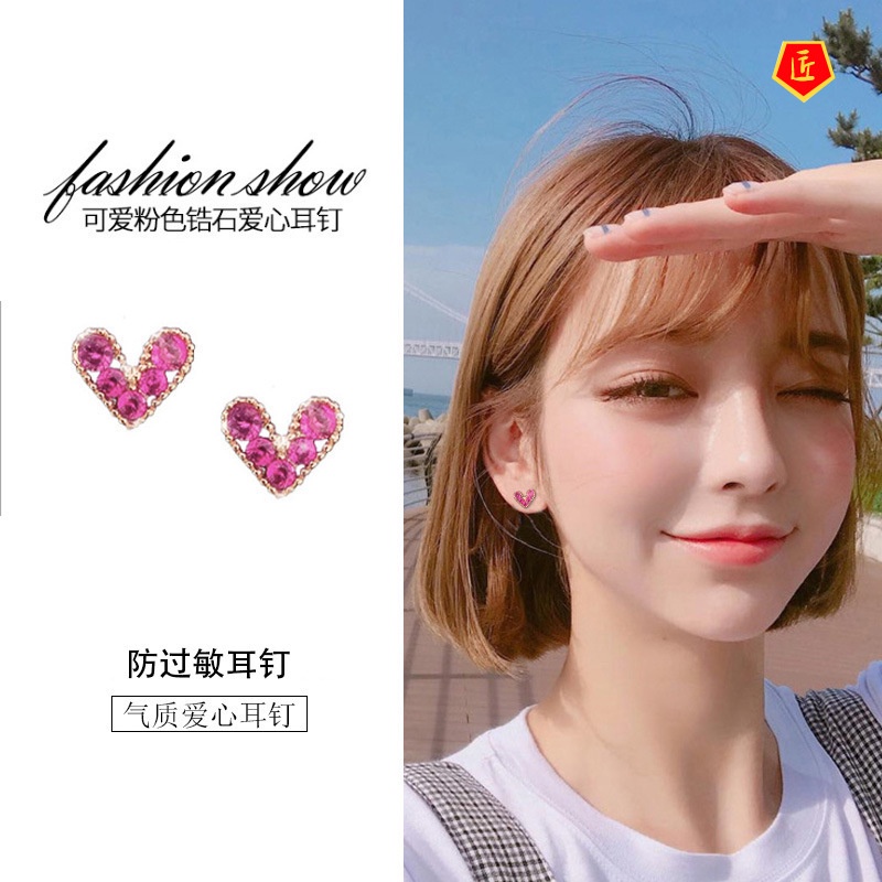 [Ready Stock]Sweet Temperament Red Heart-Shaped Stud Earrings