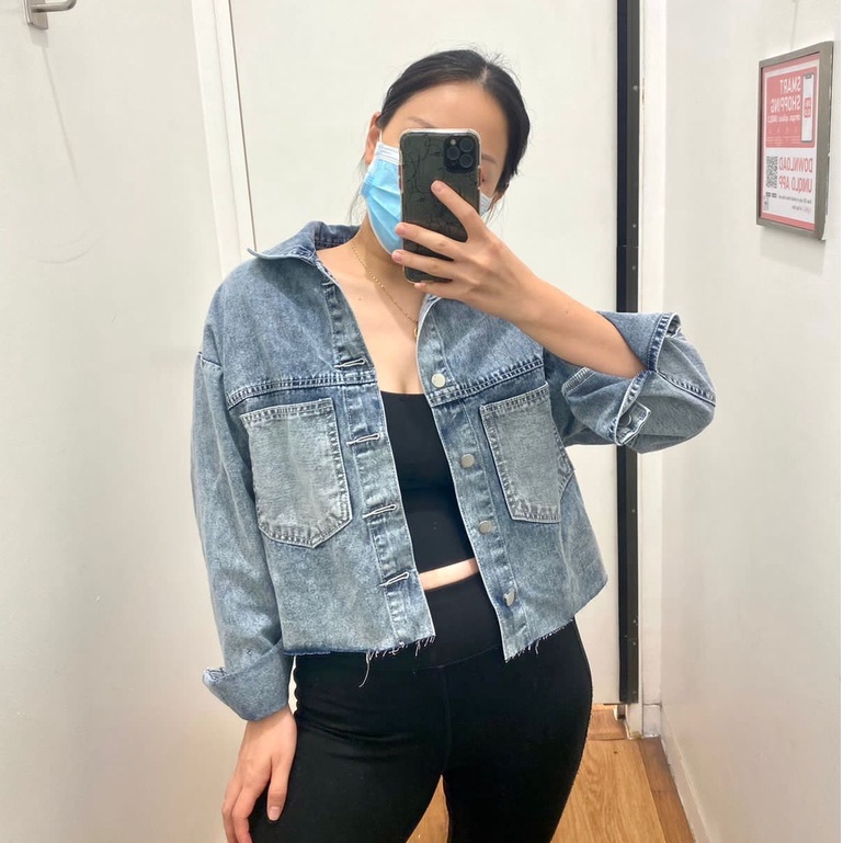 HOPYLOVY Jaket Jeans Wanita Crop Oversize Unfinished Kantong Depan Meirani