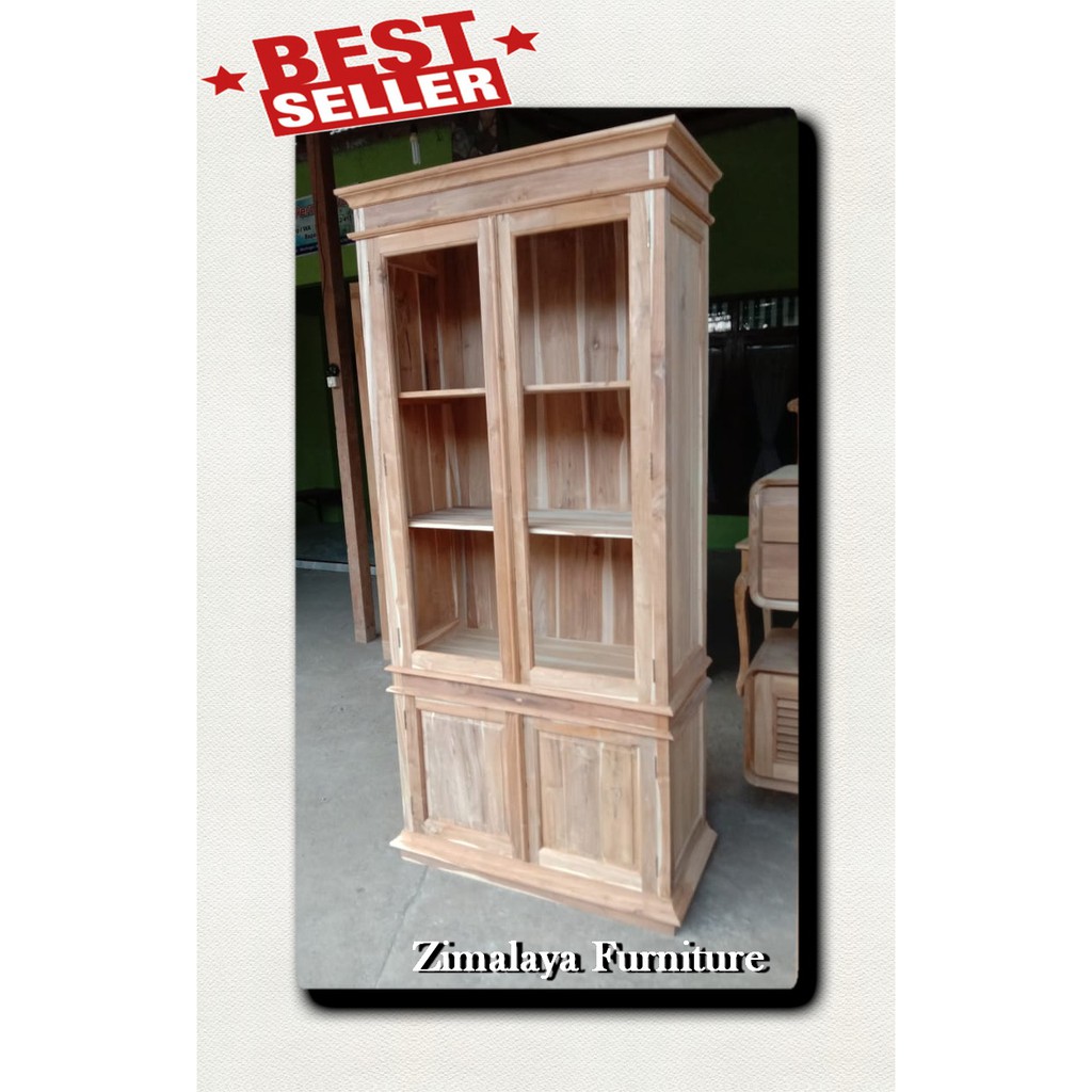 READY  Lemari Buku Jati 2 Pintu Kaca MURAH