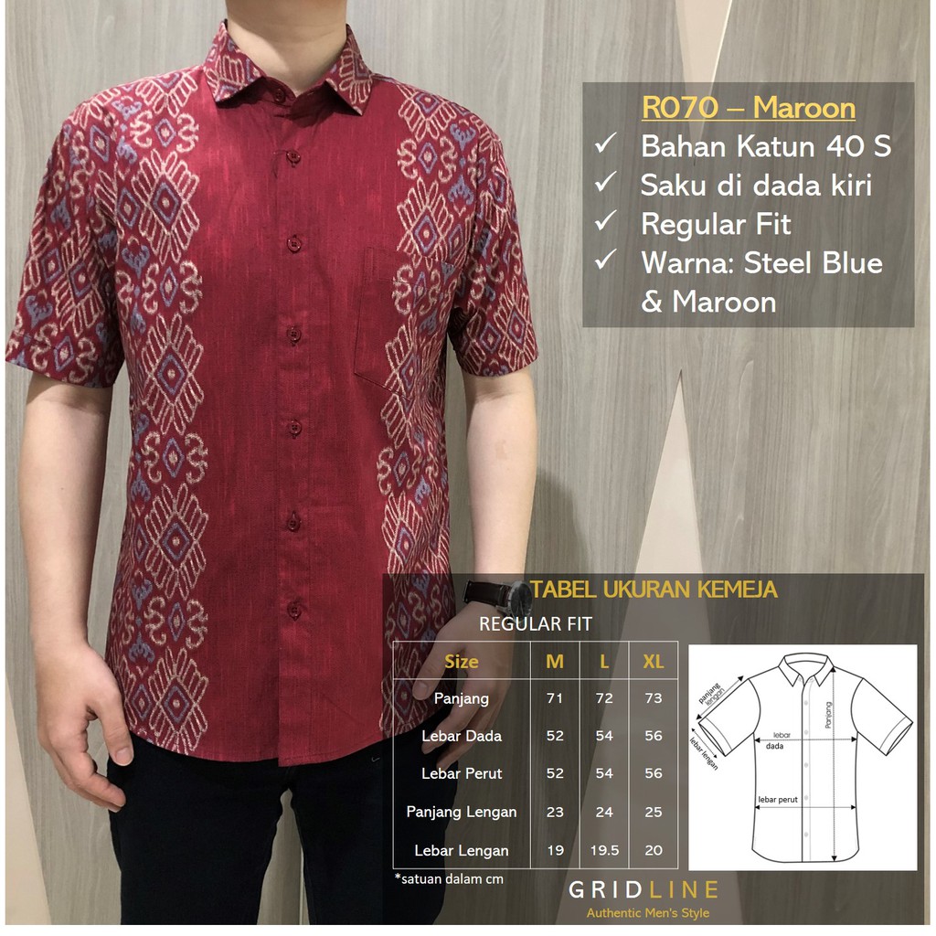 [GRIDLINE - R070 Maroon] Kemeja Batik Pria Katun Lengan Pendek Regular songket seragam keren lebaran best premium tebal adem