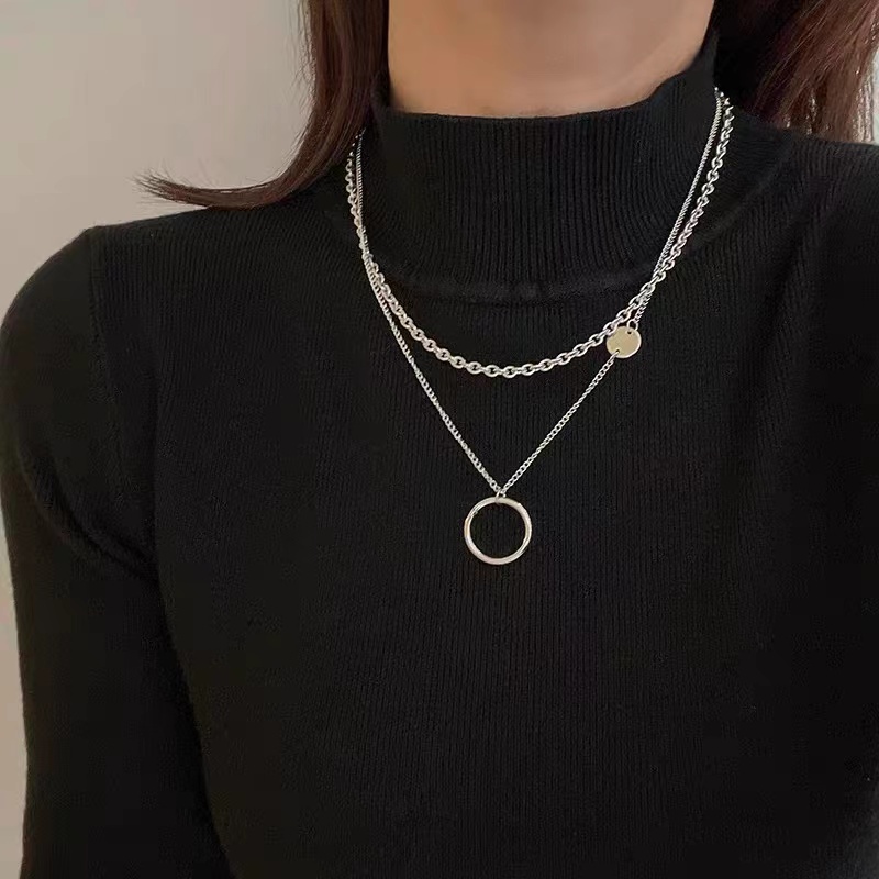 Kalung Rantai Model Double Layer Bahan Titanium Steel Untuk Sweater