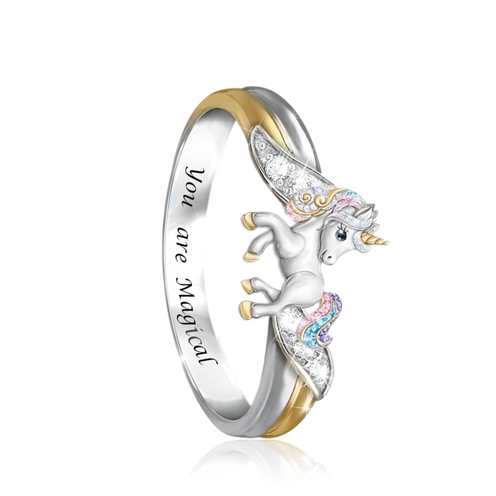 Hu Hu Hu Hu Hu Alat Bantu Pasang Kacamata♡ Cincin Wanita Bahan Alloy Desain Ukiran Tulisan Unicorn Hias Berlian Imitasi Untuk Hadiah