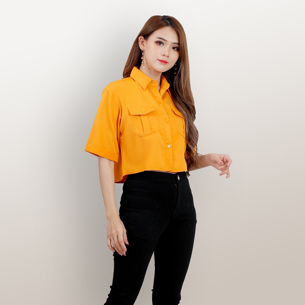 Kemeja cropped lengan pendek wanita gaya Korea variasi kantong warna model terbaru  - XSHOP Lihua