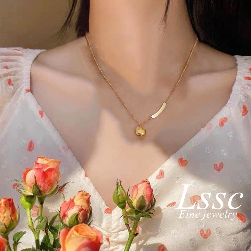 Kalung Titanium Anti Karat Manik Smiley Emas 18K Fashion Korea Aksesoris Perhiasan Wanita