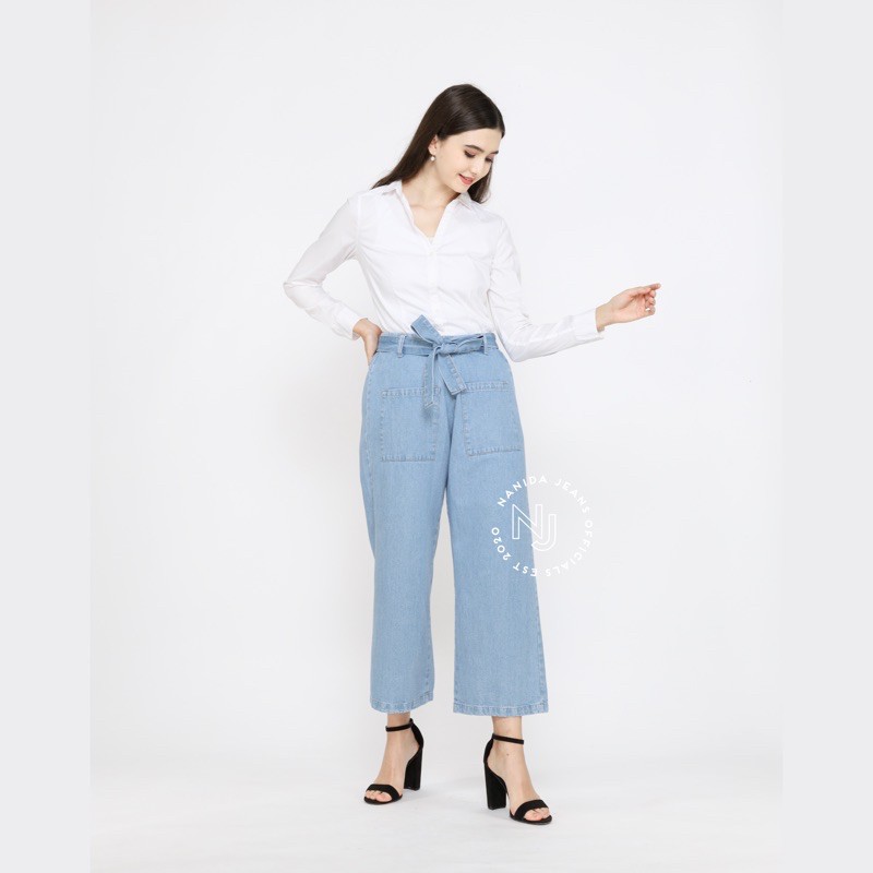 Nanida - Kulot boyfriend Jeans Wanita pinggang Karet light blue