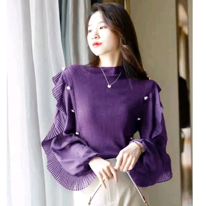 K1754 Atasan Baju  blus blouse blose kemeja lengan panjang rempel bahan rajut knit impor import real