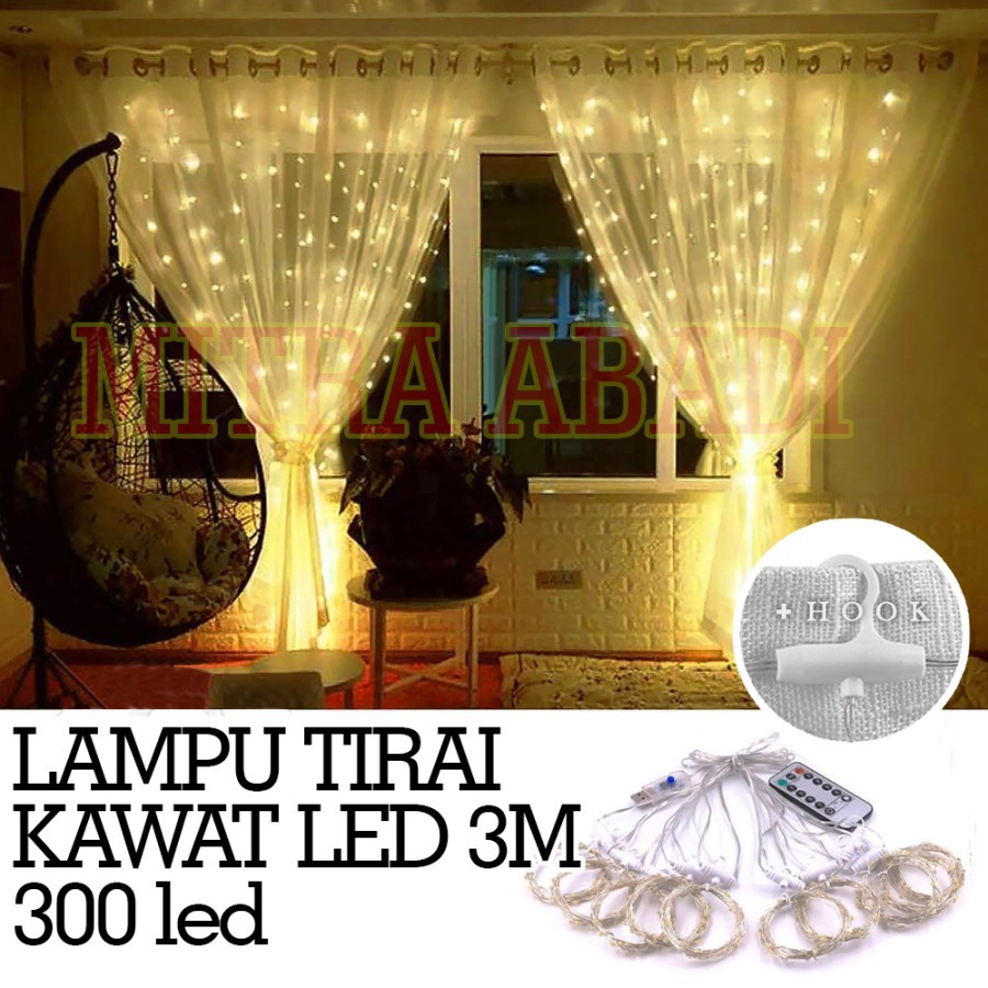 Lampu Natal Tirai Kawat 300 LED 3M x 3M + KABEL USB + HOOK + REMOTE